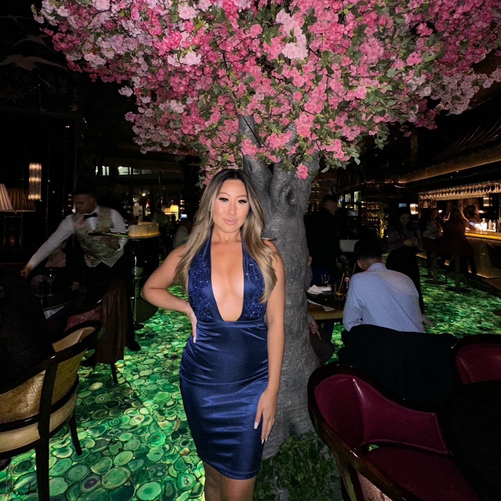 HAND EMBELLISHED SATIN HALTERNECK DRESS NAVY